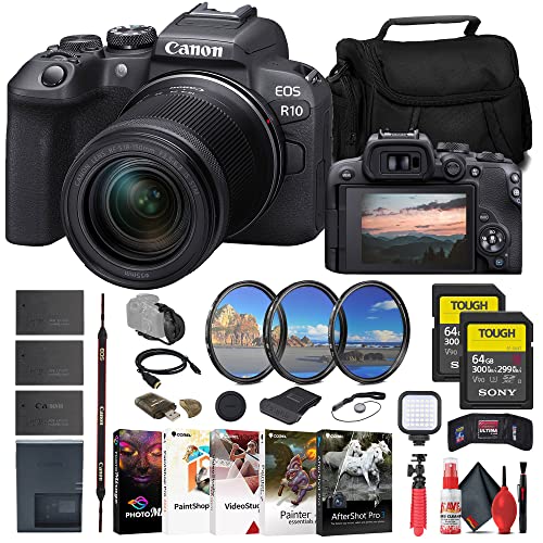 Canon EOS R10 Mirrorless Camera with 18-150mm Lens (5331C016) + 2 x Sony 64GB Tough SD Card + Filter Kit + Wide Angle Lens + Telephoto Lens + Color Filter Kit + Lens Hood + Bag + More (Renewed)