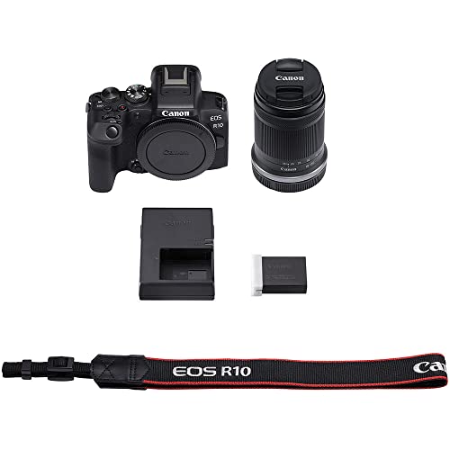 Canon EOS R10 Mirrorless Camera with 18-150mm Lens (5331C016) + 2 x Sony 64GB Tough SD Card + Filter Kit + Wide Angle Lens + Telephoto Lens + Color Filter Kit + Lens Hood + Bag + More (Renewed)