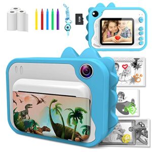 ushining instant print camera for kids 12mp digital camera for kids aged 3-12 ink free printing video camera for kids 1080p 2.4 inch screen with 32gb sd card,color pens,print papers (blue)