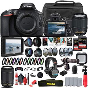 nikon d5600 dslr camera with 18-140mm lens (1577) + nikon 70-300mm lens + 4k monitor + pro headphones + pro mic + 2 x 64gb memory card + case + corel photo software + pro tripod + more (renewed)