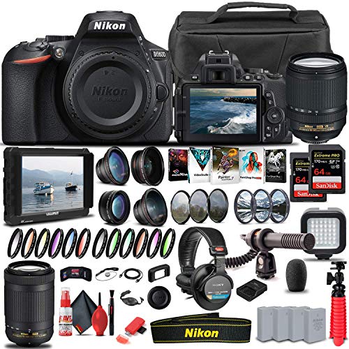 Nikon D5600 DSLR Camera with 18-140mm Lens (1577) + Nikon 70-300mm Lens + 4K Monitor + Pro Headphones + Pro Mic + 2 x 64GB Memory Card + Case + Corel Photo Software + Pro Tripod + More (Renewed)