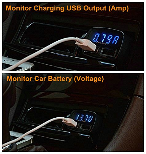 3IN1 Digital Volt Gauge with USB Car Charger, ALIVATION 24W Cigarette Lighter Voltage Display Volt Meter Car Battery Monitor with LED Voltage & Amps Display, Dual USB for iPhone X 8 7 6S 6 Plus, 5 SE