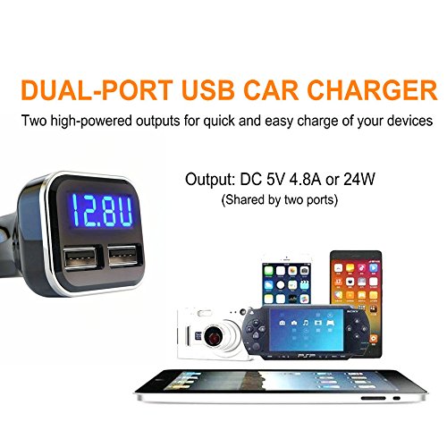 3IN1 Digital Volt Gauge with USB Car Charger, ALIVATION 24W Cigarette Lighter Voltage Display Volt Meter Car Battery Monitor with LED Voltage & Amps Display, Dual USB for iPhone X 8 7 6S 6 Plus, 5 SE