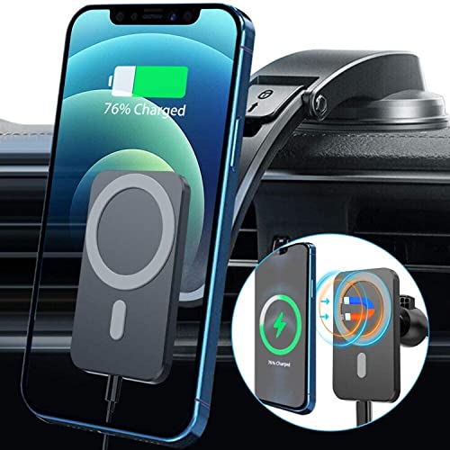 15W Magnetic Wireless Car Charger for iPhone 14/13/12/12 Pro/Pro Max/Mag-Safe Case, Qi Fast Charging Mag-Safe Car Charger Mount, Dashboard Air Vent Car Phone Holder Charger for iPhone 14/13/12 Series