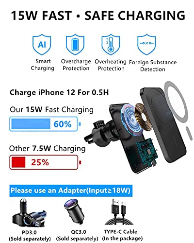 15W Magnetic Wireless Car Charger for iPhone 14/13/12/12 Pro/Pro Max/Mag-Safe Case, Qi Fast Charging Mag-Safe Car Charger Mount, Dashboard Air Vent Car Phone Holder Charger for iPhone 14/13/12 Series