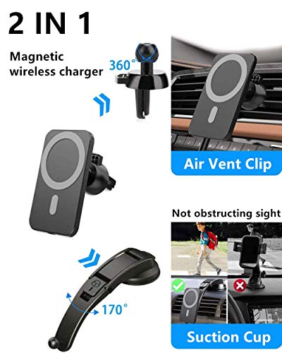 15W Magnetic Wireless Car Charger for iPhone 14/13/12/12 Pro/Pro Max/Mag-Safe Case, Qi Fast Charging Mag-Safe Car Charger Mount, Dashboard Air Vent Car Phone Holder Charger for iPhone 14/13/12 Series