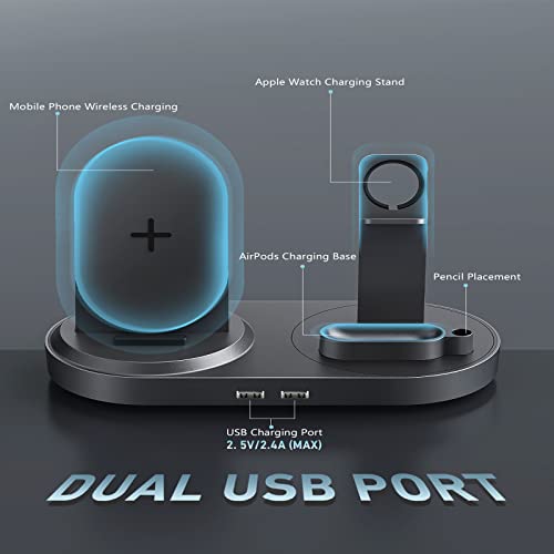 4 in 1 Wireless Charging Station, Getop Fast Charging Dock Stand with 2 USB Ports for Apple Watch, AirPods, Cell Phones, Wireless Charger Compatible with iPhone 12/11/11Pro/Xr/Xs/X/Max/8 Plus/Samsung