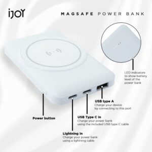 iJoy Magnetic Power Bank- 5000 MAH Portable Charger Power Bank Compatible with Magsafe– Wireless Charger with Lightning/USB/USB C Ports- Wireless Charger Power Bank and Magnetic Battery Pack