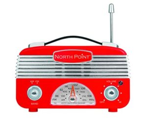 northpoint am/fm portable vintage radio with best reception, circa 1960’s design, 3″ aa battery operated radio, tuning, volume and on/off knob, red and silver