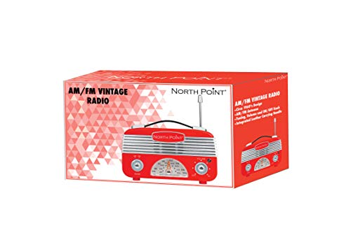 Northpoint AM/FM Portable Vintage Radio with Best Reception, Circa 1960's Design, 3" AA Battery Operated Radio, Tuning, Volume and On/Off Knob, Red and Silver