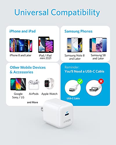 USB C Charger, Anker 20W PIQ 3.0 Fast Charger with Foldable Plug, PowerPort III Charger for iPhone 14/14 Plus/14 Pro/14 Pro Max/13, iPad/iPad Mini, MagSafe, and More (Cable Not Included)