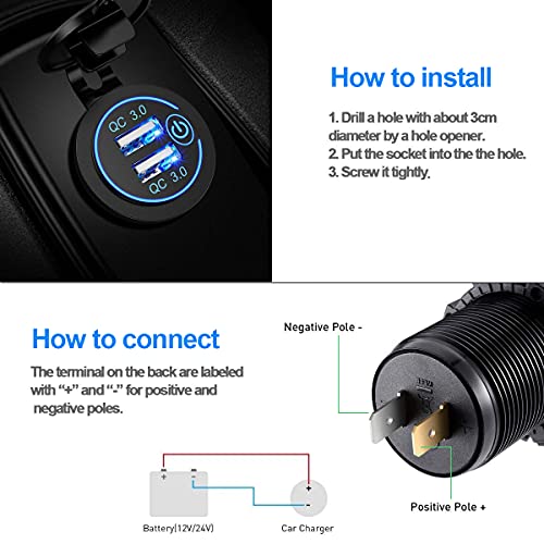 Quick Charge 3.0 Dual USB Charger Socket, Waterproof 12V/24V USB Outlet QC3.0 Fast Charger Socket with Touch Switch DIY Kit for Car, Golf Cart, Marine, Boat, RV, Motorcycle, Truck, etc (Blue)