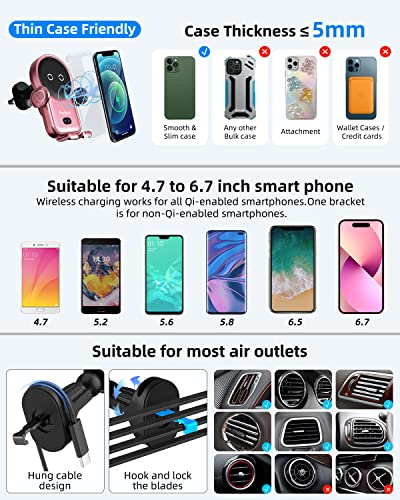 Wireless Car Charger iPhone with Vent Clip,15W Fast Charging Kharly Car Phone Charger Holder,Smart Sensor Auto-Clamping Fashion Phone Holder Mount for Car for iPhone 14 Pro/13 Samsung etc