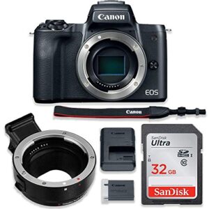 canon eos m50 mirrorless digital camera (black) body only kit with auto (ef/ef-s to ef-m) mount adapter + 32gb sandisk memory (renewed)