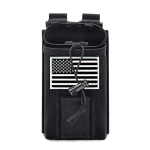 molle radio pouch radio holster tactical radio holder duty belt accessories military heavy duty radio bag for two ways walkie talkies adjustable storage with 1 pack patch (black-white flag)
