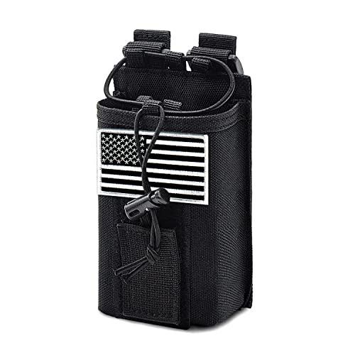 Molle Radio Pouch Radio Holster Tactical Radio Holder Duty Belt Accessories Military Heavy Duty Radio Bag for Two Ways Walkie Talkies Adjustable Storage with 1 Pack Patch (Black-White Flag)