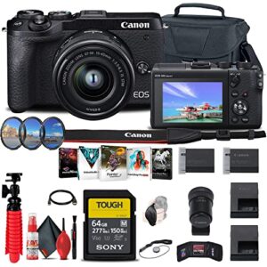 canon eos m6 mark ii mirrorless digital camera with 15-45mm lens and evf-dc2 viewfinder (black) (3611c011) + 64gb tough card + case + filter kit + corel photo software + lpe17 battery + more (renewed)