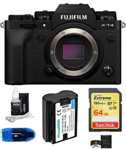fujifilm x-t4 mirrorless digital camera body (black) bundle, includes: sandisk 64gb extreme sdxc memory card, spare battery + more (6 items)