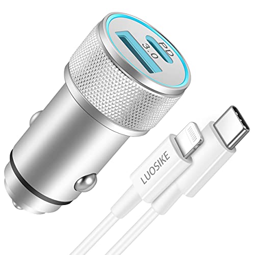 LUOSIKE 20W USB C Fast Car Charger for iPhone 14/13 /12 / Pro Max/Mini /11 /XS/XR/X /8, iPad, AirPods (Dual Port Power Delivery PD Car Adapter with MFi Certified USB C to Lightning Cable 3FT)