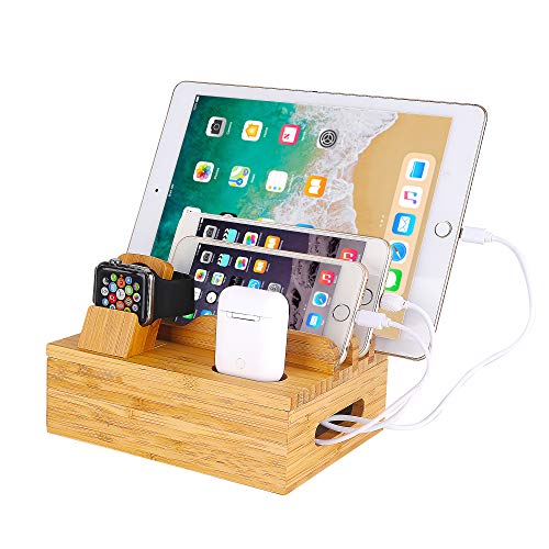 Bamboo Wood Desktop Organizer Charging Docking Station Charger Holder Cradle Charge Stand compatible with iPhone 13 12 Pro Max iPad Apple Watch 3 4 / iWatch 38 & 42mm AirPods & AirPods Pro Smartphones