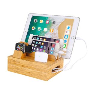 bamboo wood desktop organizer charging docking station charger holder cradle charge stand compatible with iphone 13 12 pro max ipad apple watch 3 4 / iwatch 38 & 42mm airpods & airpods pro smartphones