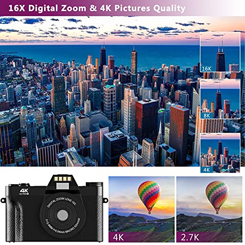 Vlogging Camera, 4K Digital Camera for YouTube Auto Focus & Anti Shake with WiFi, 16X Digital Zoom 32GB TF Card TopCam1.4