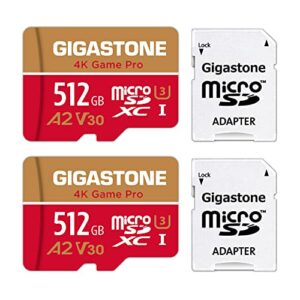 [5-yrs free data recovery]gigastone 512gb micro sd card 2-pack, 4k game pro, microsdxc memory card for nintendo-switch, gopro, action camera, dji, uhd video, r/w up to 100/60 mb/s, uhs-i u3 a2 v30 c10