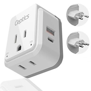 ceptics brazil power plug adapter travel set, 20w pd & qc, safe dual usb & usb-c 3.1a – 2 usa socket – compact & powerful – also use in peru, chile – includes type c, type n swadapt attachments
