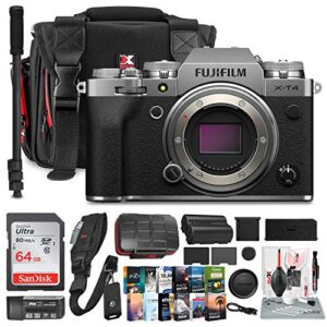 fujifilm x-t4 mirrorless digital camera (silver) with 64gb memory card, essential accessories, and professional photo and video editing software bundle