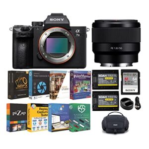 sony alpha a7 iii mirrorless digital camera bundle with fe 50mm f/1.8 lens, photo software suite, 64gb sd memory card, rechargeable battery (2-pack) and charger, camera bag (6 items)