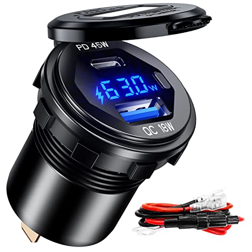 BATIGE PD 45W USB C Quick Charger 18W USB 3.0 Charger Socket Waterproof with Switch LED Voltmeter and Wire Fuse DIY Kit for 12V/24V Car Boat Marine ATV Bus Truck RV Motorcycle