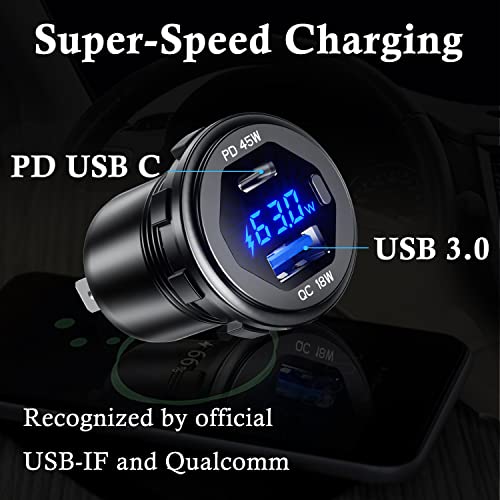 BATIGE PD 45W USB C Quick Charger 18W USB 3.0 Charger Socket Waterproof with Switch LED Voltmeter and Wire Fuse DIY Kit for 12V/24V Car Boat Marine ATV Bus Truck RV Motorcycle