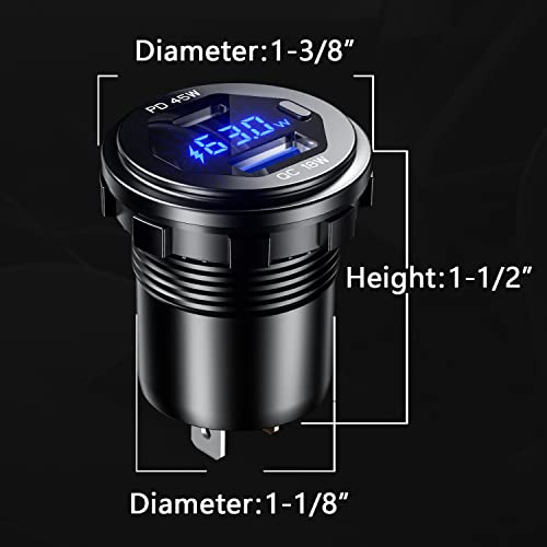 BATIGE PD 45W USB C Quick Charger 18W USB 3.0 Charger Socket Waterproof with Switch LED Voltmeter and Wire Fuse DIY Kit for 12V/24V Car Boat Marine ATV Bus Truck RV Motorcycle