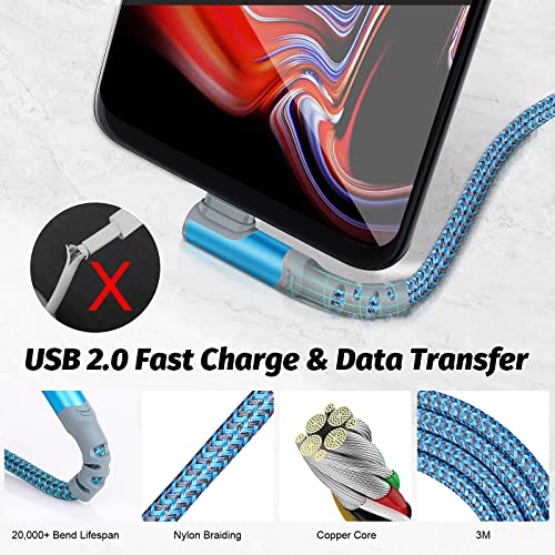 Boxeroo USB Type C Charging Cable 3Pack 10FT/3M 90 Degree Right Angle USB A to USB C Fast Charger Cord Compatible for Samsung Galaxy S20 S10 S9 S8 Plus Note10 9 8 LG G8 G6 V40 V30