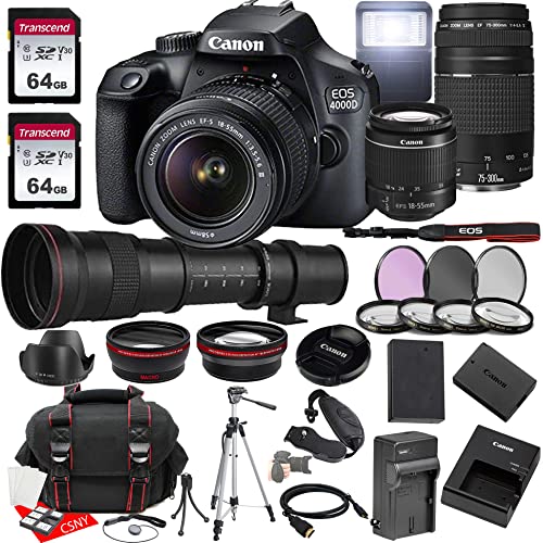 Canon EOS 4000D (Rebel T100) DSLR Camera w/18-55mm F/3.5-5.6 Zoom Lens + 75-300mm F/4-5.6 III Lens + 420-800mm f/8.3 HD Telephoto Lens + 2X 64GB Memory + Case + Filters + Tripod + More (35pc Bundle)