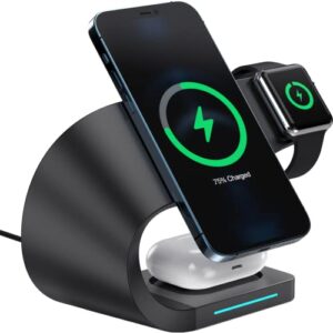 3 in 1 charging station – wireless charger for phones, apple watch & airpods – fast charge stand dock for qi-enabled iphone 14, 13, 12, 11, xr, xs, se, 8, samsung, android, smart watch, headset