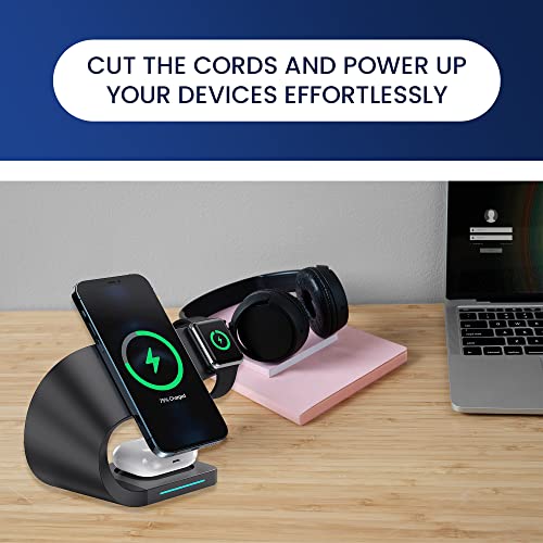 3 in 1 Charging Station - Wireless Charger for Phones, Apple Watch & AirPods - Fast Charge Stand Dock for Qi-Enabled iPhone 14, 13, 12, 11, XR, XS, SE, 8, Samsung, Android, Smart Watch, Headset