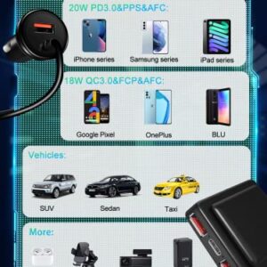 Car Charger USB C, 74W Fast USB Car Charger Adapter with PD 3.0/QC3.0 Type C Car USB Charger Multi Port with 6.3FT Cable for Front & Back Seat Fast Charging Compatible with iPhone, Samsung, IPad ect