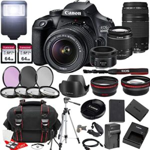 canon eos 4000d (rebel t100) dslr camera w/18-55mm f/3.5-5.6 zoom lens + 75-300mm f/4-5.6 iii lens + ef 50mm f/1.8 stm lens + 2x 64gb memory + hood + case + filters + tripod + more (35pc bundle)