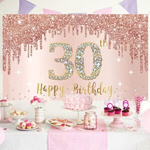 Happy 30th Birthday Banner Backdrop Decorations for Women, Rose Gold Thirty Birthday Party Sign Supplies, Pink 30 Birthday Poster Background Photo Booth Props Decor