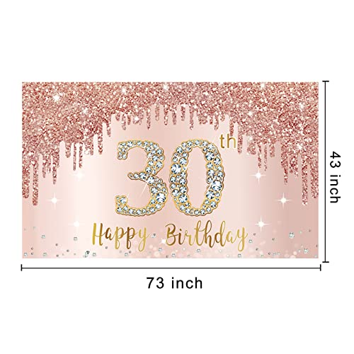 Happy 30th Birthday Banner Backdrop Decorations for Women, Rose Gold Thirty Birthday Party Sign Supplies, Pink 30 Birthday Poster Background Photo Booth Props Decor