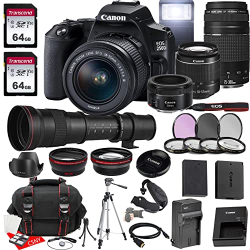 Canon EOS Rebel 250D DSLR Camera w/18-55mm F/3.5-5.6 Zoom + 75-300mm F/4-5.6 III+ EF 50mm f/1.8 STM Lenses + 420-800mm f/8.3 HD Lens +2X 64GB Memory + Hood + Case + Filters +Tripod +More (35pc Bundle)