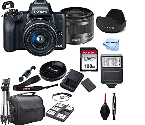 Canon EOS M50 Mirrorless Digital Camera (Black) with 15-45mm STM Lens + 128GB + Padded Case + Steady Grip Tripod + 50 Inch Tripod + Tulip Lens Hood