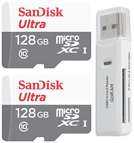 SanDisk 128GB Ultra (2 Pack) MicroSD Class 10 100MB/s Micro SDXC Memory Card SDSQUNR-128G Bundle with (1) GoRAM Reader (128GB, 2 Pack)