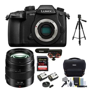 panasonic lumix gh5 4k mirrorless camera with 12-35mm lens,128gb sd card, koah roebling street camera system gadget bag, shock mount, 60” tripod and battery and dual charger bundle (7 items)