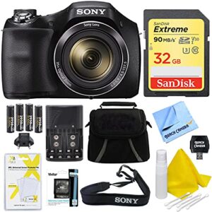 sony dsch300/b digital camera (black) bundle with high speed 32gb card, rechargeable aa batteries and ac/dc charger, sd card reader, table top tripod, lcd screen protectors, padded case, memory wallet+ more