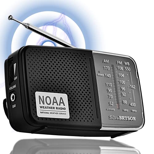 NOAA Weather Radio SilvaBRYSON, Emergency AM/FM Battery Operated Handheld Radio with Speaker and Best Reception for Hurricane, Home, Running. Convenient Headphone Jack, Operated by 2AA Battery.