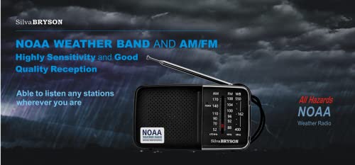 NOAA Weather Radio SilvaBRYSON, Emergency AM/FM Battery Operated Handheld Radio with Speaker and Best Reception for Hurricane, Home, Running. Convenient Headphone Jack, Operated by 2AA Battery.