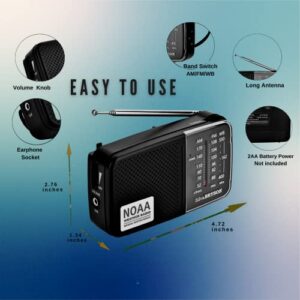 NOAA Weather Radio SilvaBRYSON, Emergency AM/FM Battery Operated Handheld Radio with Speaker and Best Reception for Hurricane, Home, Running. Convenient Headphone Jack, Operated by 2AA Battery.