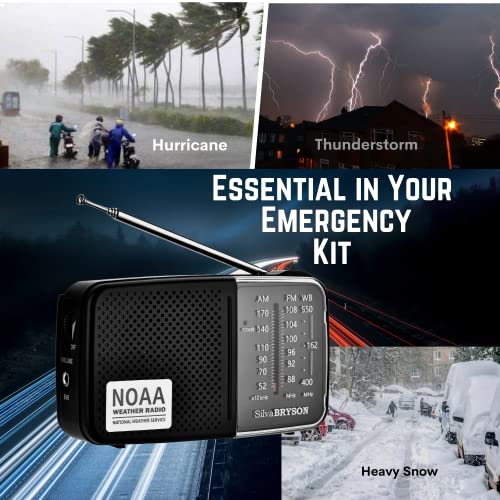 NOAA Weather Radio SilvaBRYSON, Emergency AM/FM Battery Operated Handheld Radio with Speaker and Best Reception for Hurricane, Home, Running. Convenient Headphone Jack, Operated by 2AA Battery.